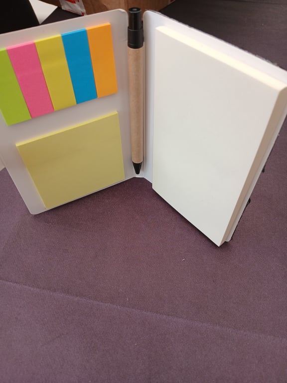 Handbag sized notepad with writing pad, sticky notes and colourful index pads.