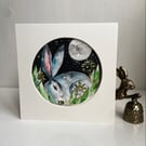 ACEO Original Resting Hare Rabbit in Moonlight Waterfall 