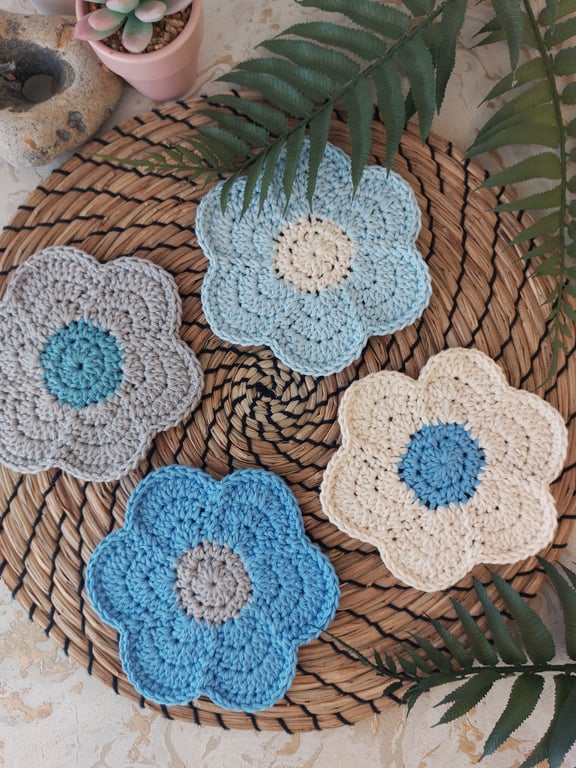  Crochet Funky Flower Coasters Set of 4