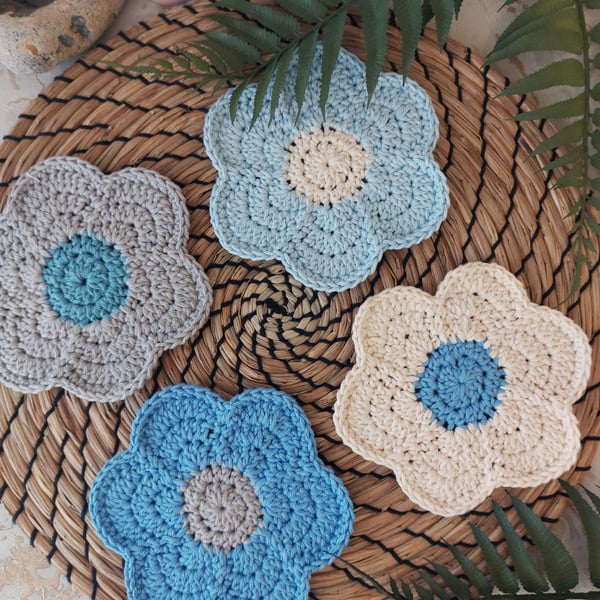  Crochet Funky Flower Coasters Set of 4