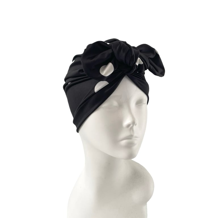 Vintage style 1940s 1950s style black polka dot spot stretch jersey turban hat 