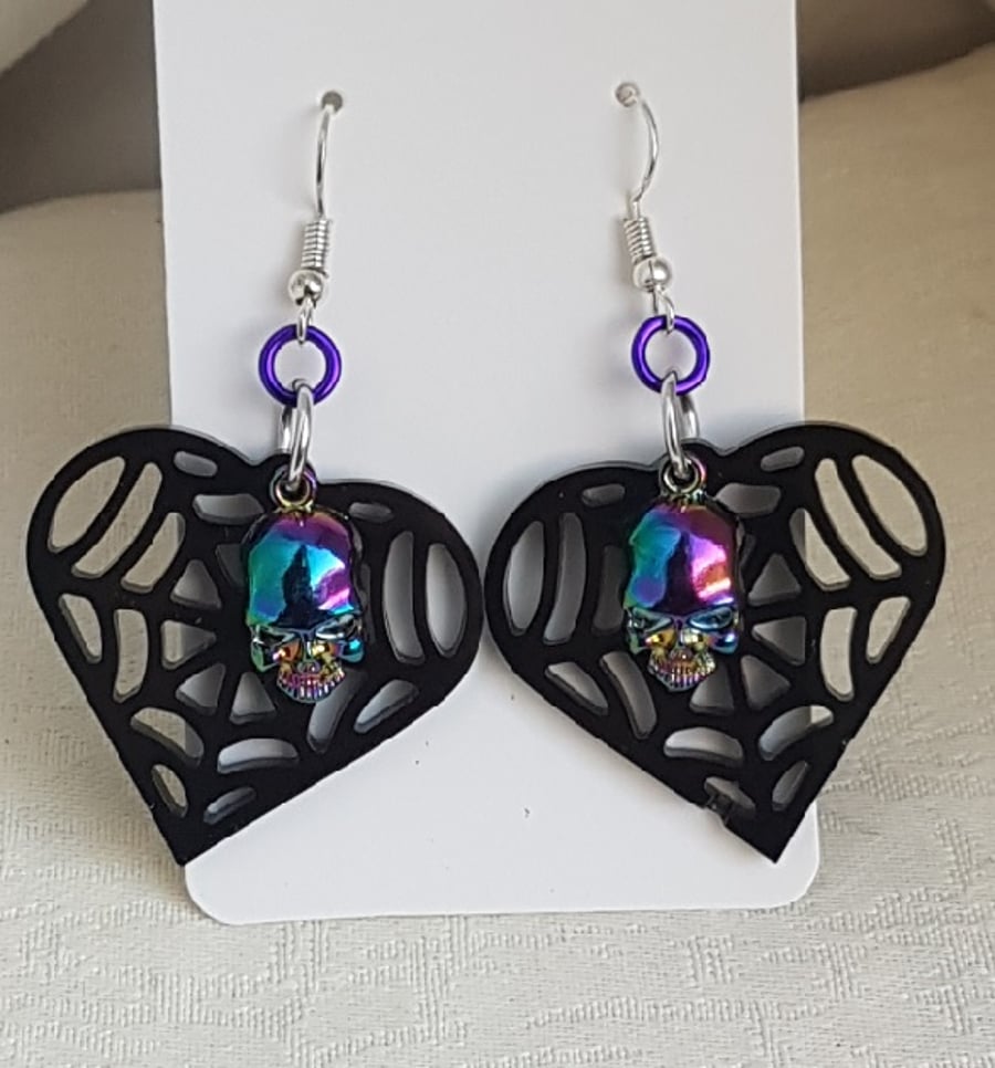 Funky Heart-Shaped Spiderweb and Rainbow Skull Earrings 