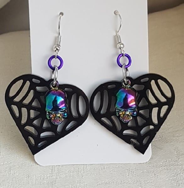 Funky Heart-Shaped Spiderweb and Rainbow Skull Earrings 