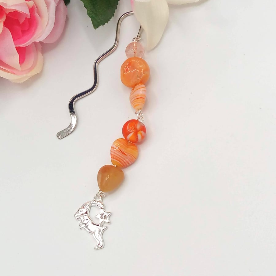 Orange and Peach Beaded Bookmark With Silver Capricorn Charm, Thank you Gift