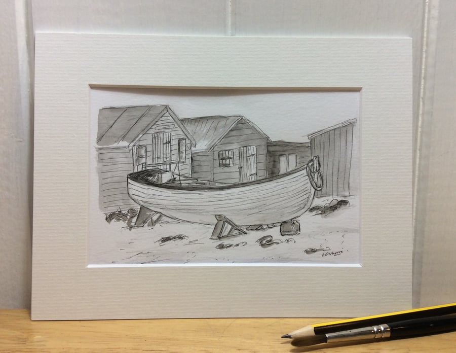 Fishing boat with huts. Original pen, ink and watercolour. Coast. Sea
