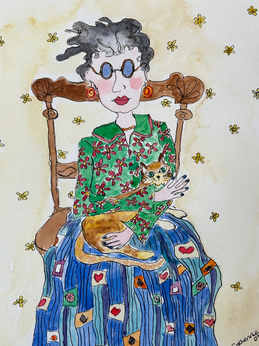 Lady and her Ginger Cat. Original watercolour and ink painting.