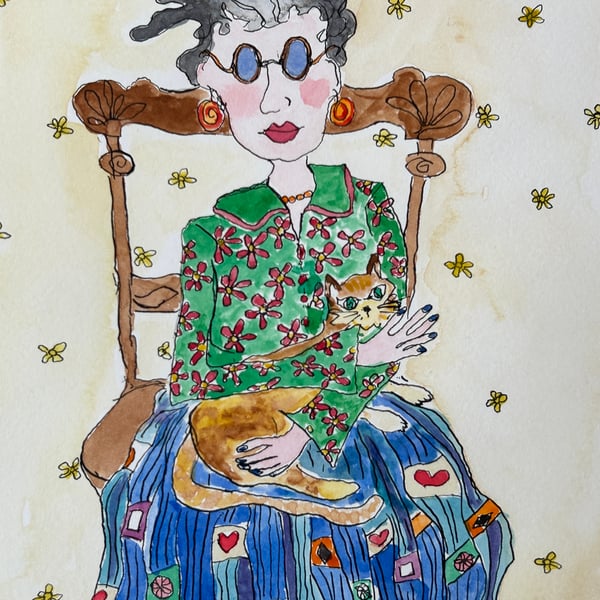 Lady and her Ginger Cat. Original watercolour and ink painting.