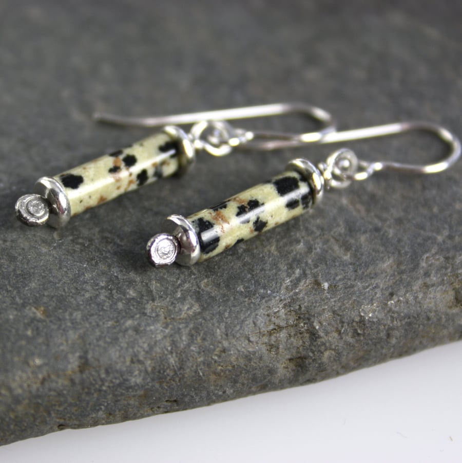 Silver and dalmation jasper earrings , scrolls