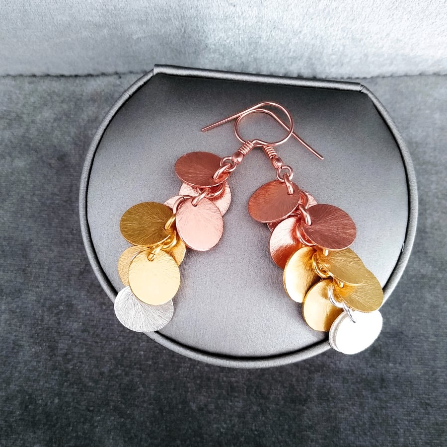 Multi Rosegold, Gold & Silver Disc Charm Earrings, Mixed Metal Drop Earrings, 