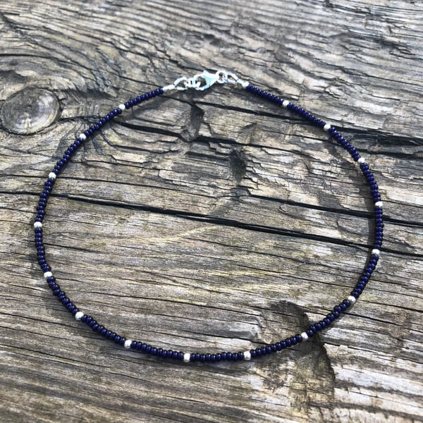 Navy seed bead & sterling silver anklet 