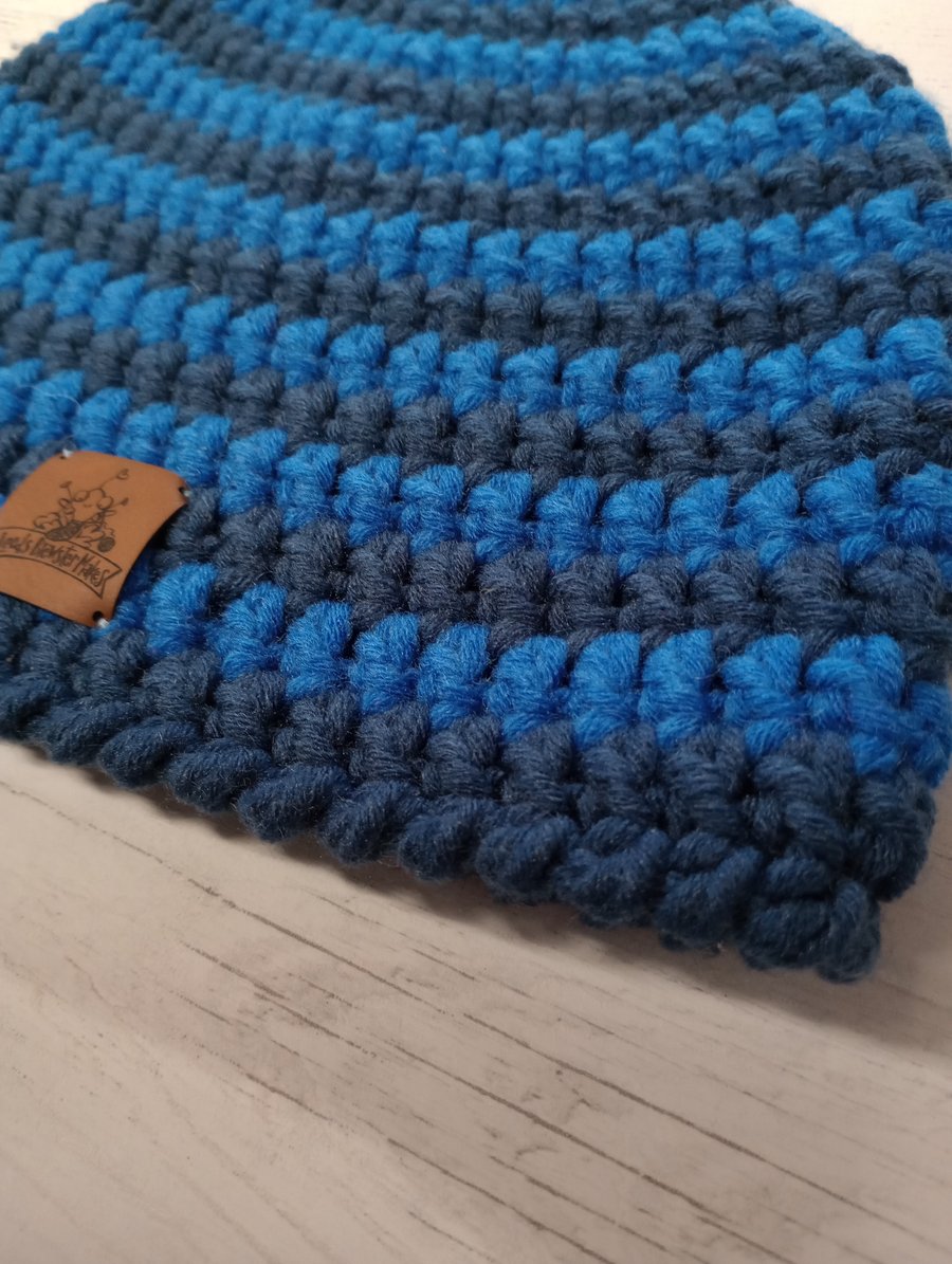 Blue Striped Hat, crocheted hat, woolly hat
