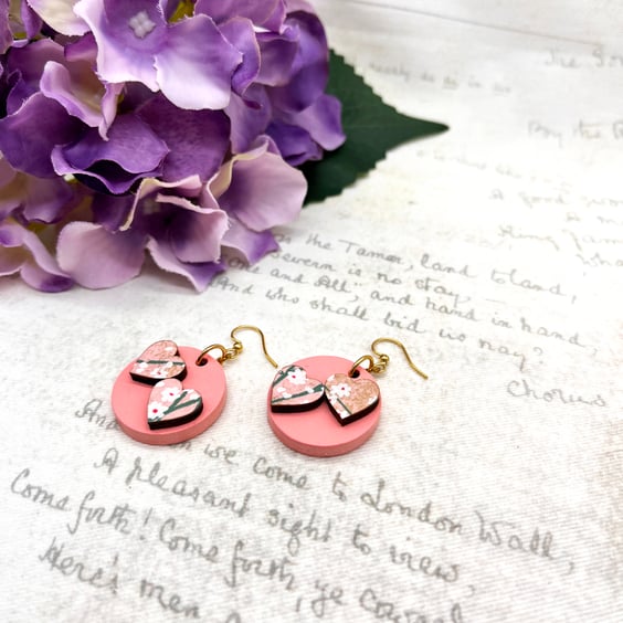 Perfectly Imperfect - Pale pink heart washi paper blossom wooden earrings