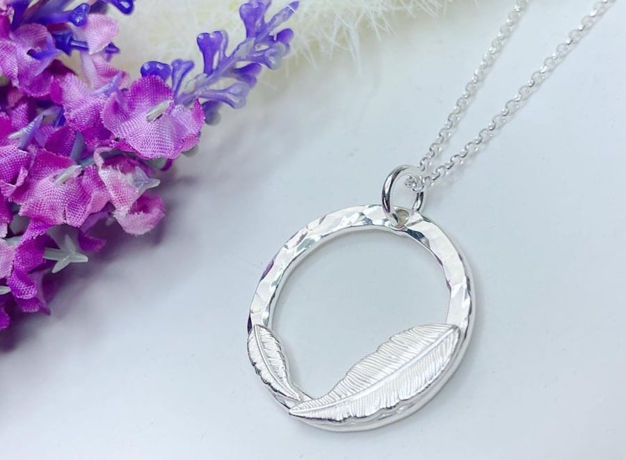 Sterling Silver Hammered Feather Necklace