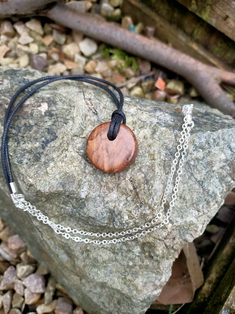 Chunky Wood pendant with cotton and chain necklace