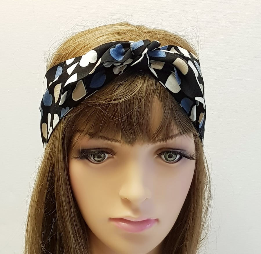 Heart print hairband, rockabilly head scarf, self tie hair scarf, bandanna