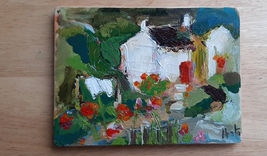 Cottage painting with semi abstract poppys