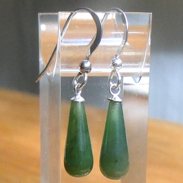 Green Jade teardrop earrings on sterling silver hooks  Unique 