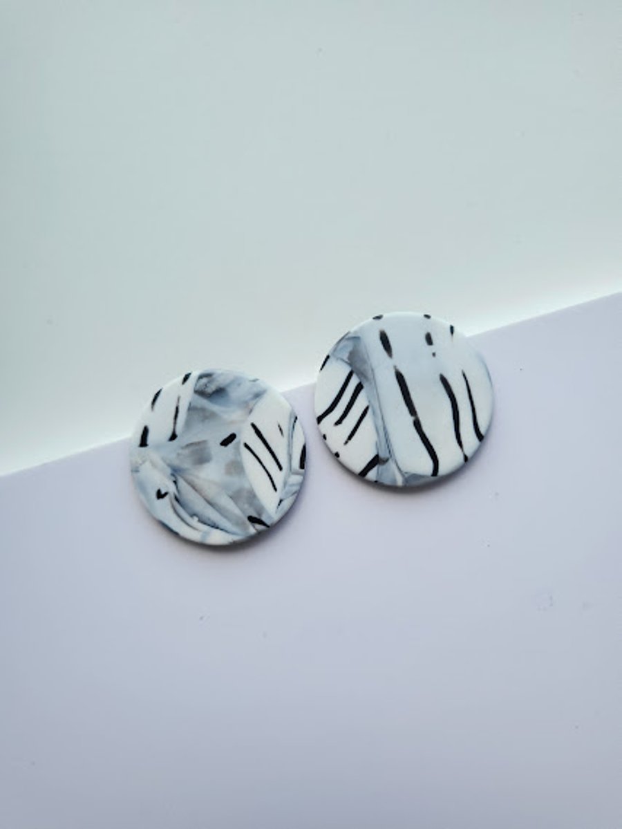 Handmade Polymer Clay Stud Earrings - Monochrome Brushstroke Studs