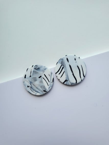 Handmade Polymer Clay Stud Earrings - Monochrome Brushstroke Studs