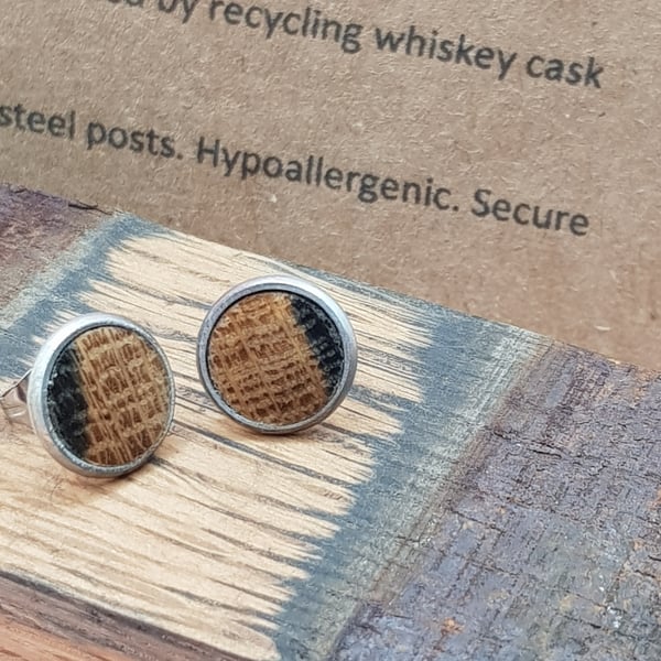 Flat circle stud earrings. Upcycled oak whiskey staves, wooden earrings. 