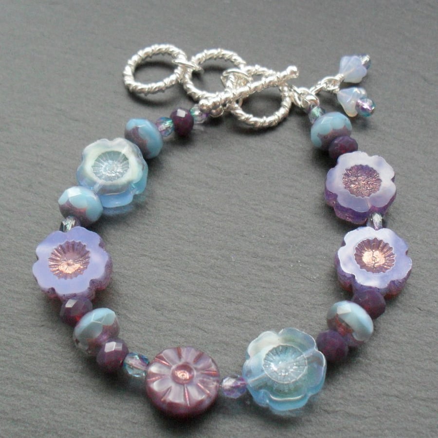 Blue and Purple Czech Glass Flower Bracelet Silver Plated