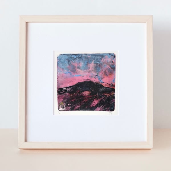 Heather Moorland landscape - unique monoprint inspired by the Peak District 