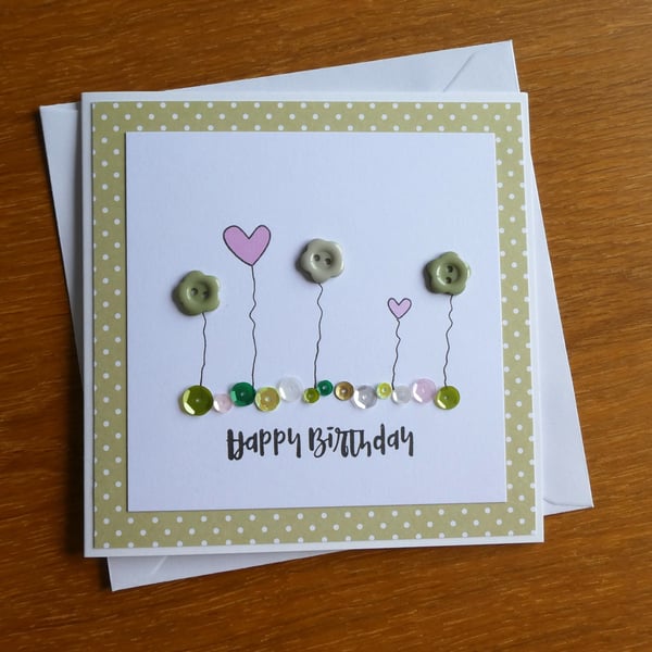 Birthday Card - Flowers, Hearts and Sequins - Green and Pink
