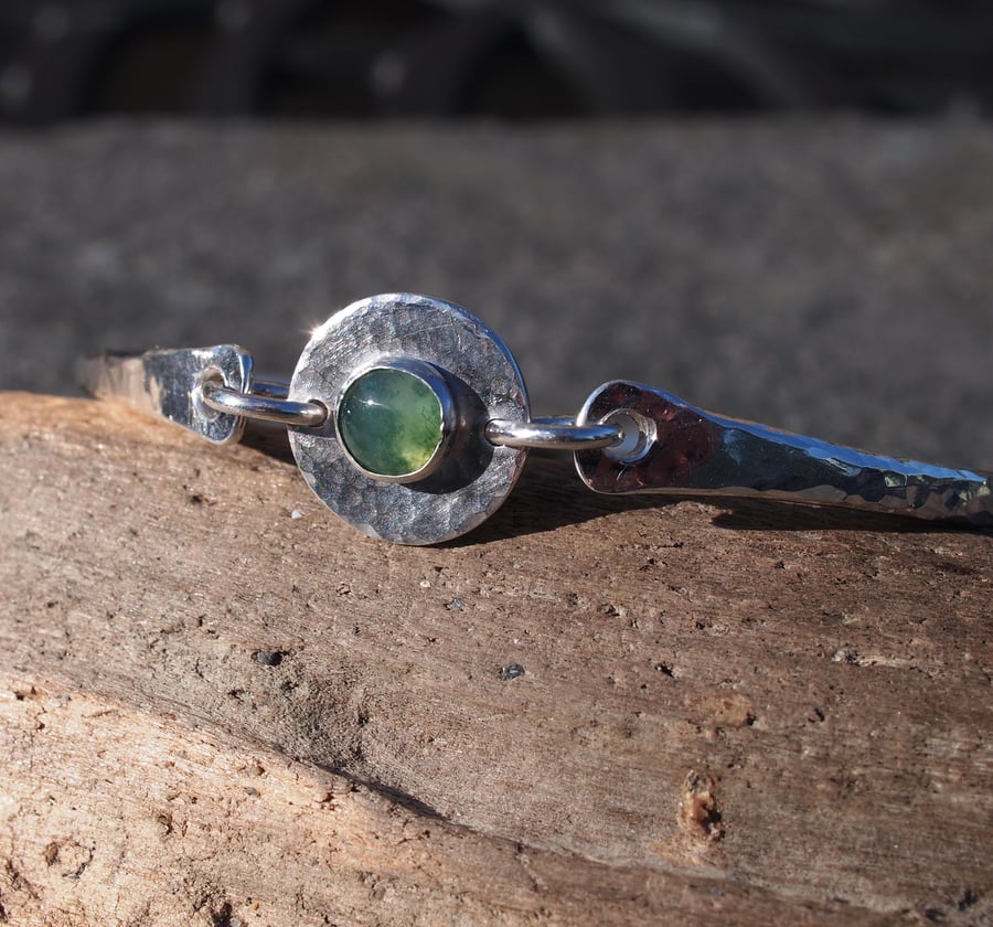 silver bangle, moss agate bangle
