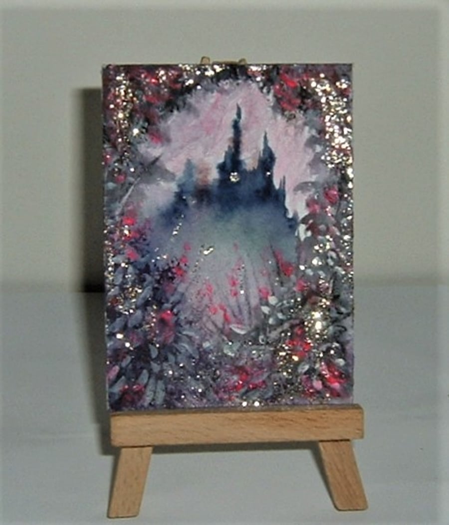 fantasy aceo glitter castles, watercolour woodland landscape ( ref F 935 )