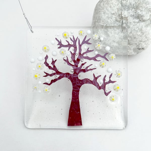 Fused Glass White Blossom Tree Hanging - Handmade Glass Suncatcher