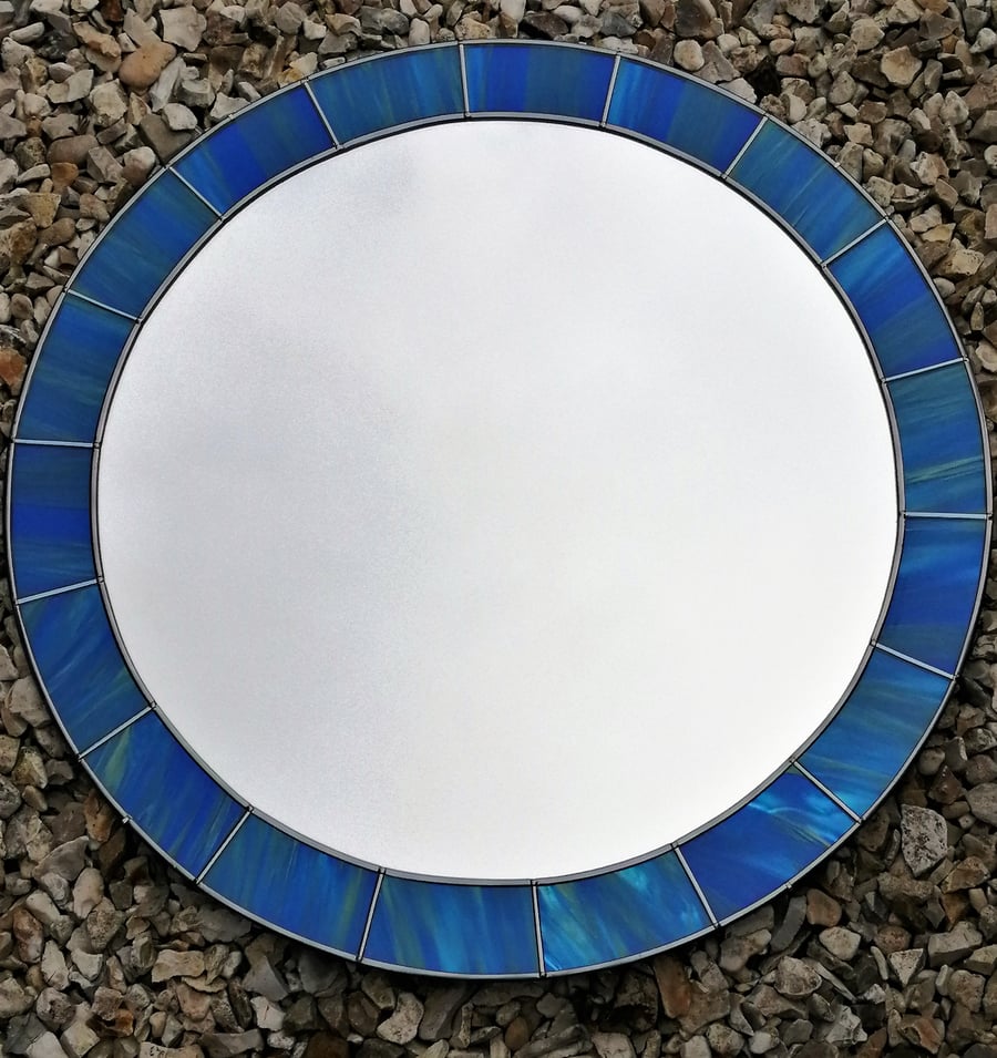 Peacock Blue Marbled Stained Glass Inlay Mosaic Edge 60cm Round Wall Mirror