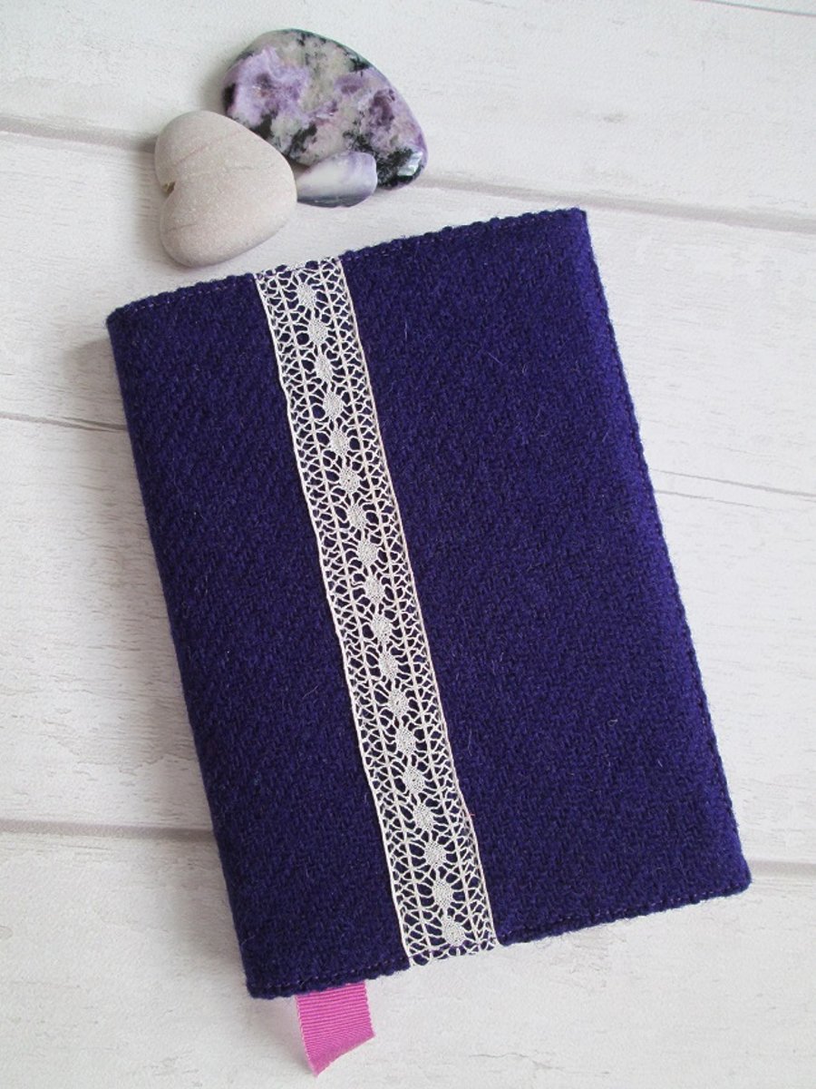 A6 'Harris Tweed®' Reusable Notebook Cover - Deep Purple with Vintage Lace