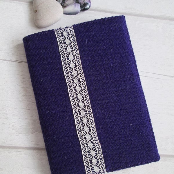 A6 'Harris Tweed®' Reusable Notebook Cover - Deep Purple with Vintage Lace