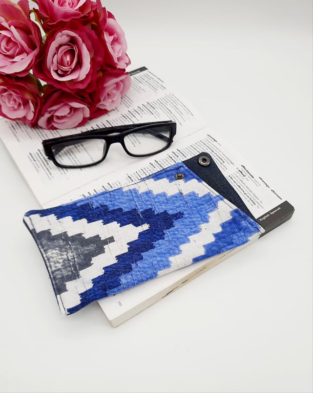 Blue and white glasses case with popper fastening.  Free uk delivery. 