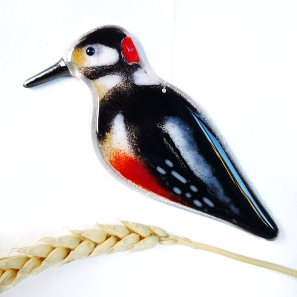 Great Spotted Woodpecker, hanging glass bird ornament