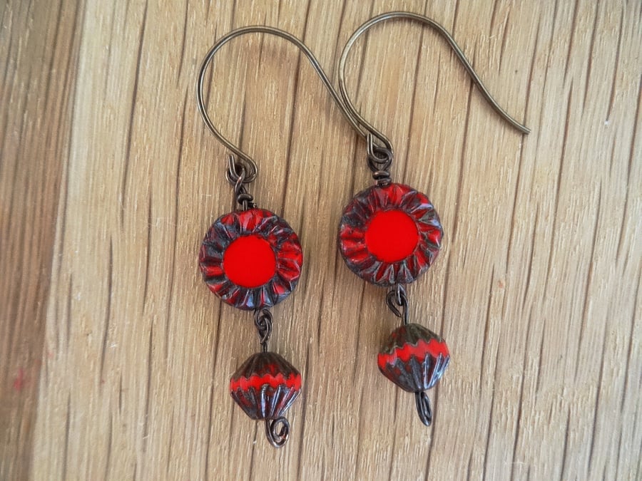 Czech Glass Earrings,Sunflower Earrings,Red Earrings,Picasso Finish Earrings