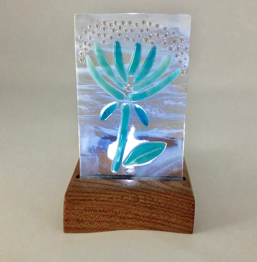 Pretty Turquoise Fused Glass Flower set in a Handcrafted Oak Tea Light Holder