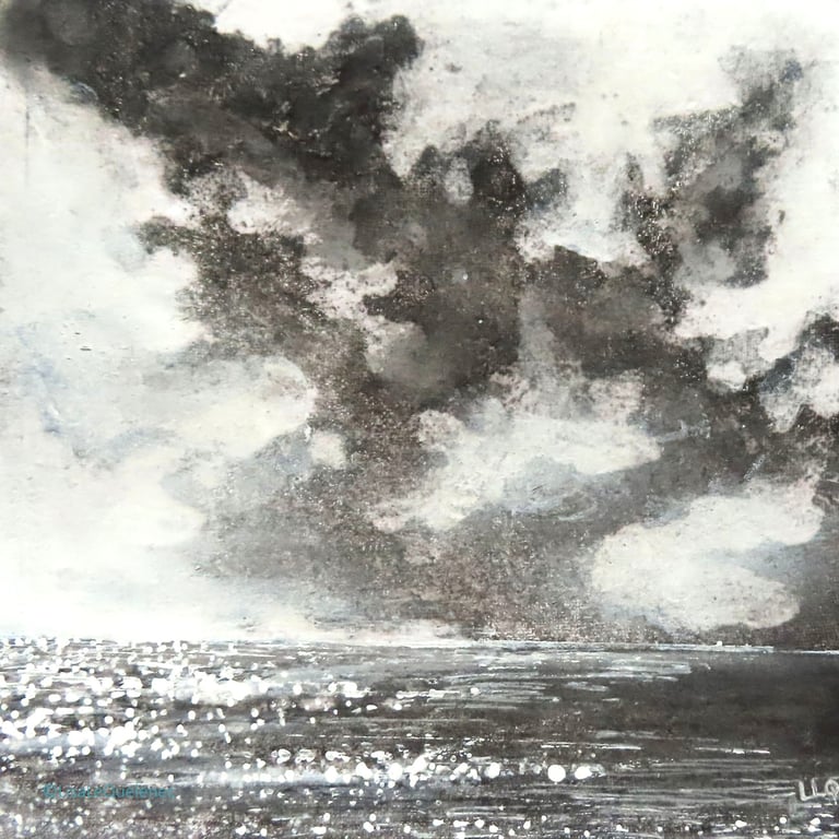 Passing storm mixed media black and white  coastal beach scene