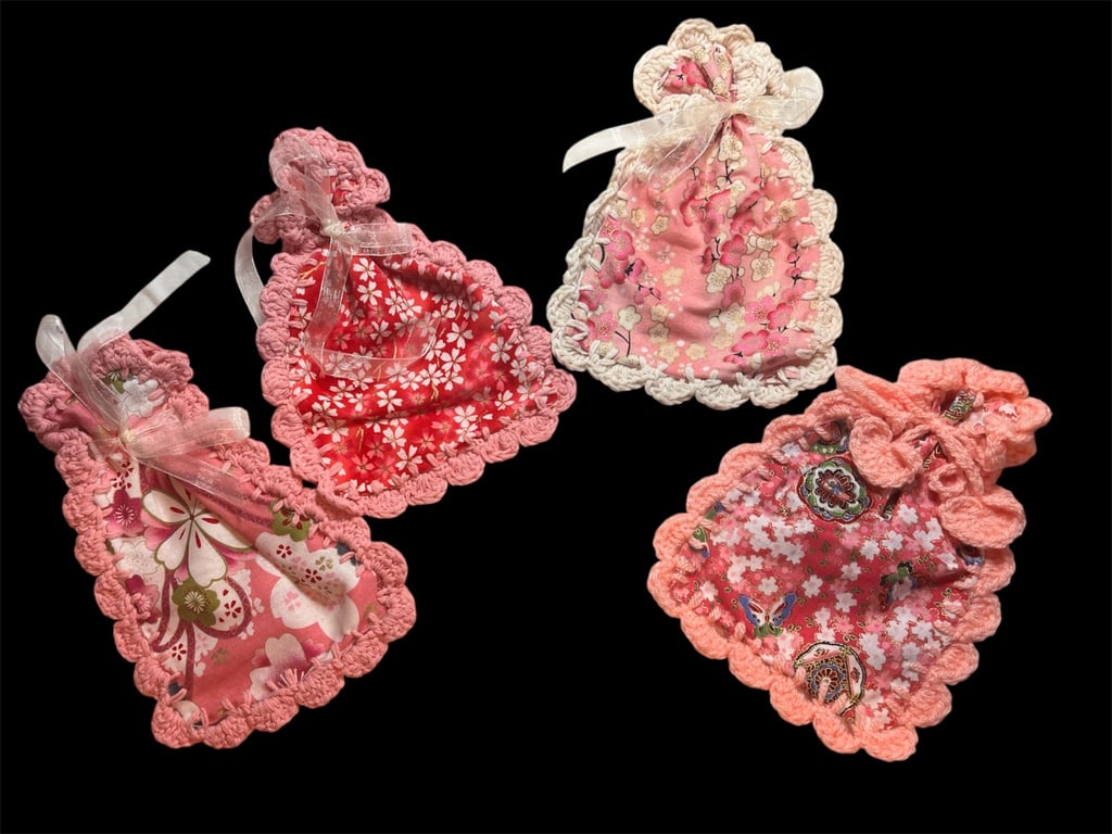 Set of 4 Handmade Reusable Fabric Gift Bags with Crochet Seams and Tie Closures