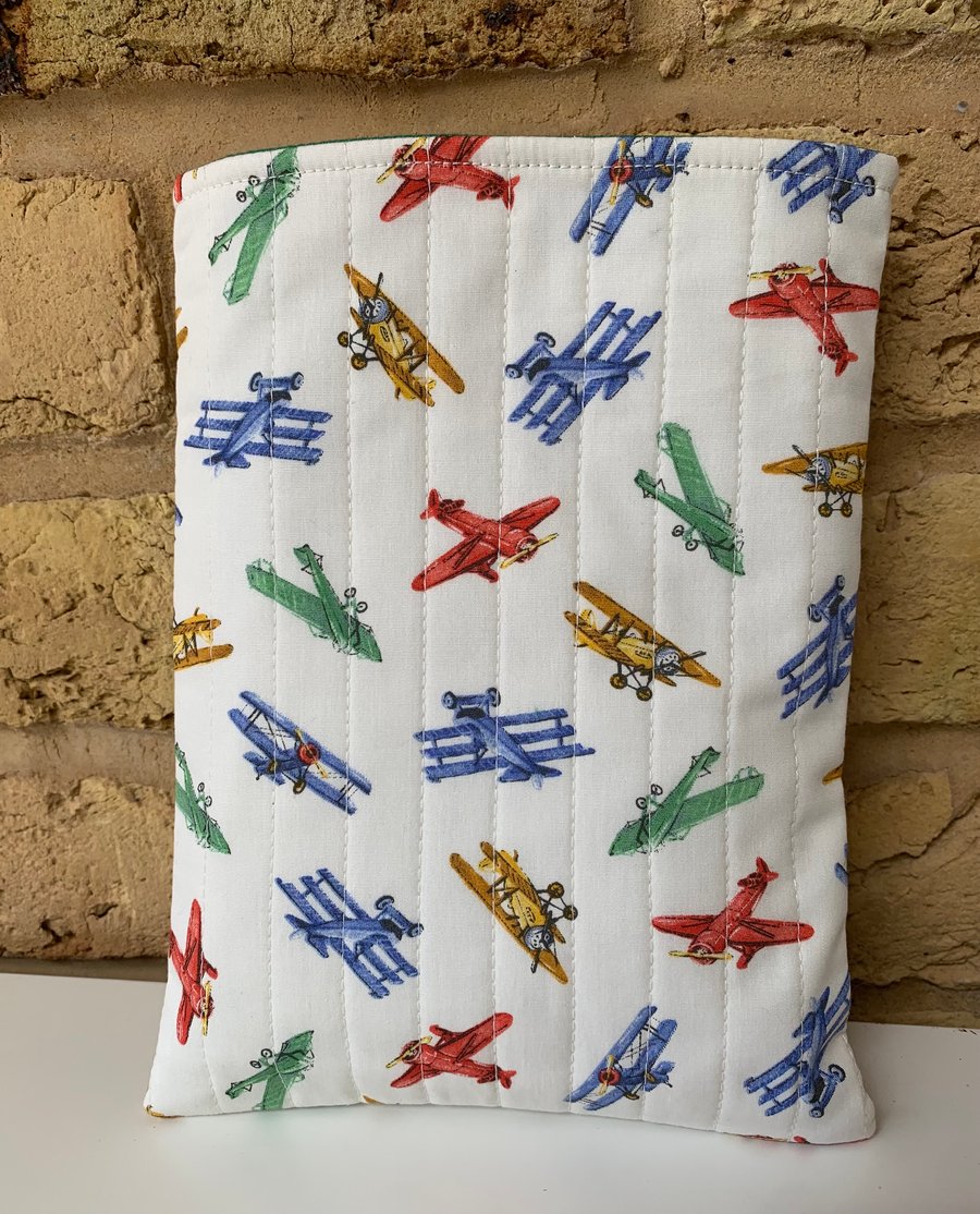 Vintage Planes Quilted Fabric Book Sleeve - Medium