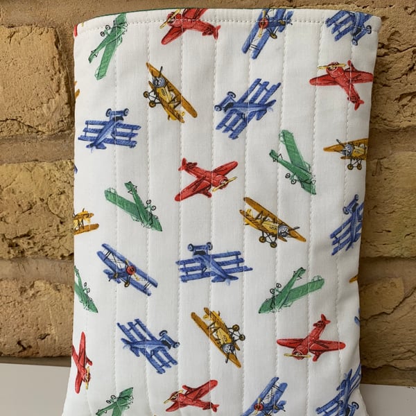 Vintage Planes Quilted Fabric Book Sleeve - Medium