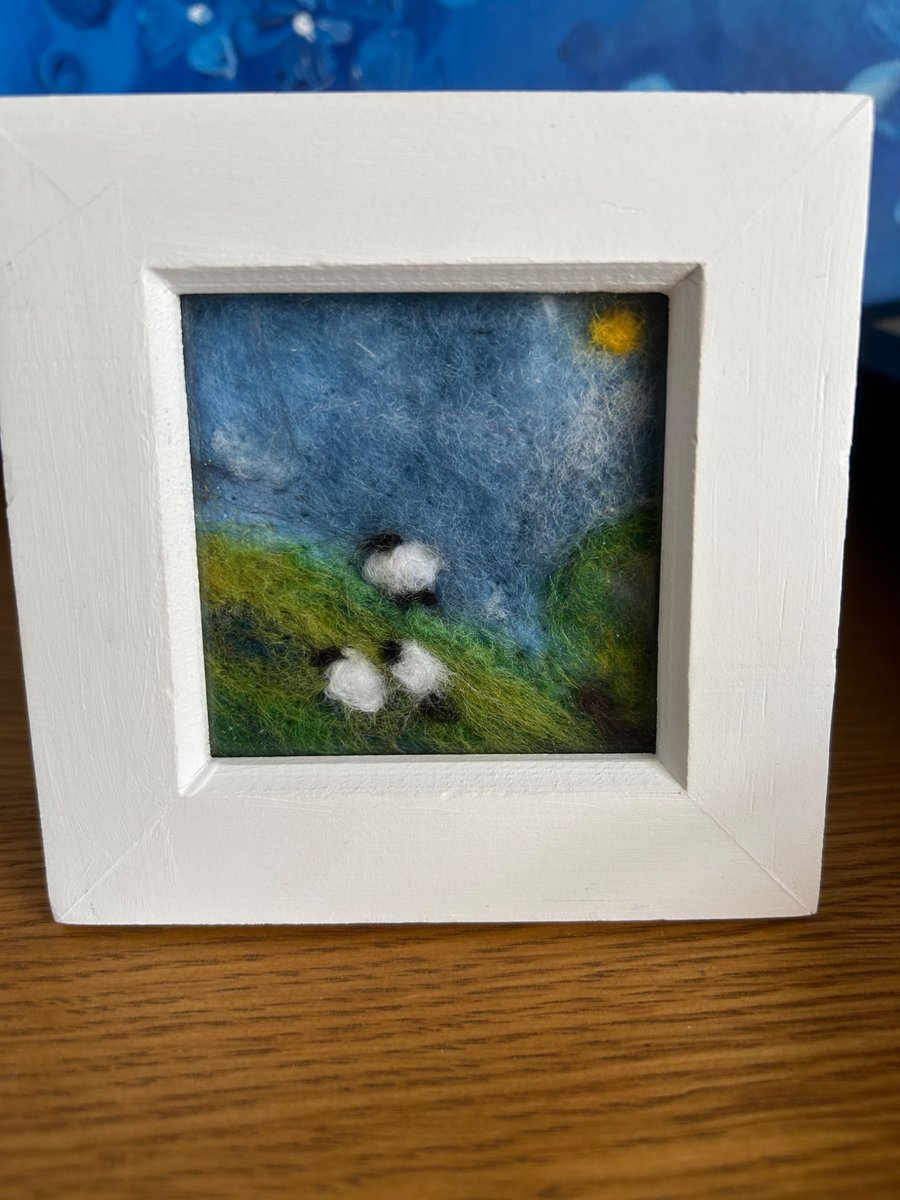 Original Sheep on a hill. Needle felting 4x4" 