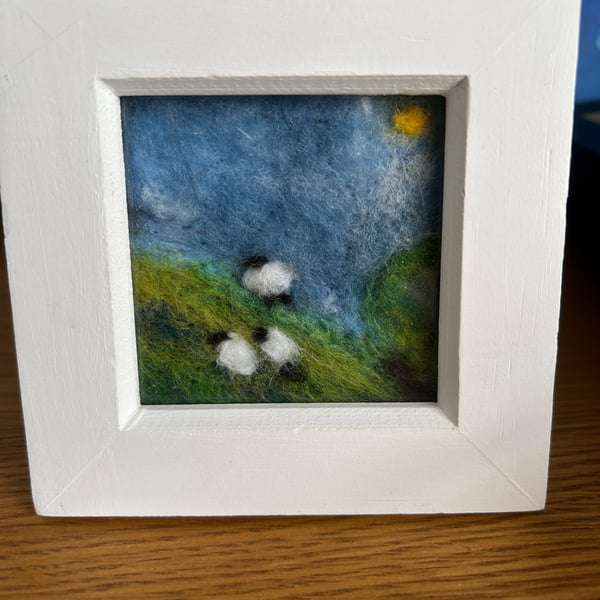 Original Sheep on a hill. Needle felting 4x4" 
