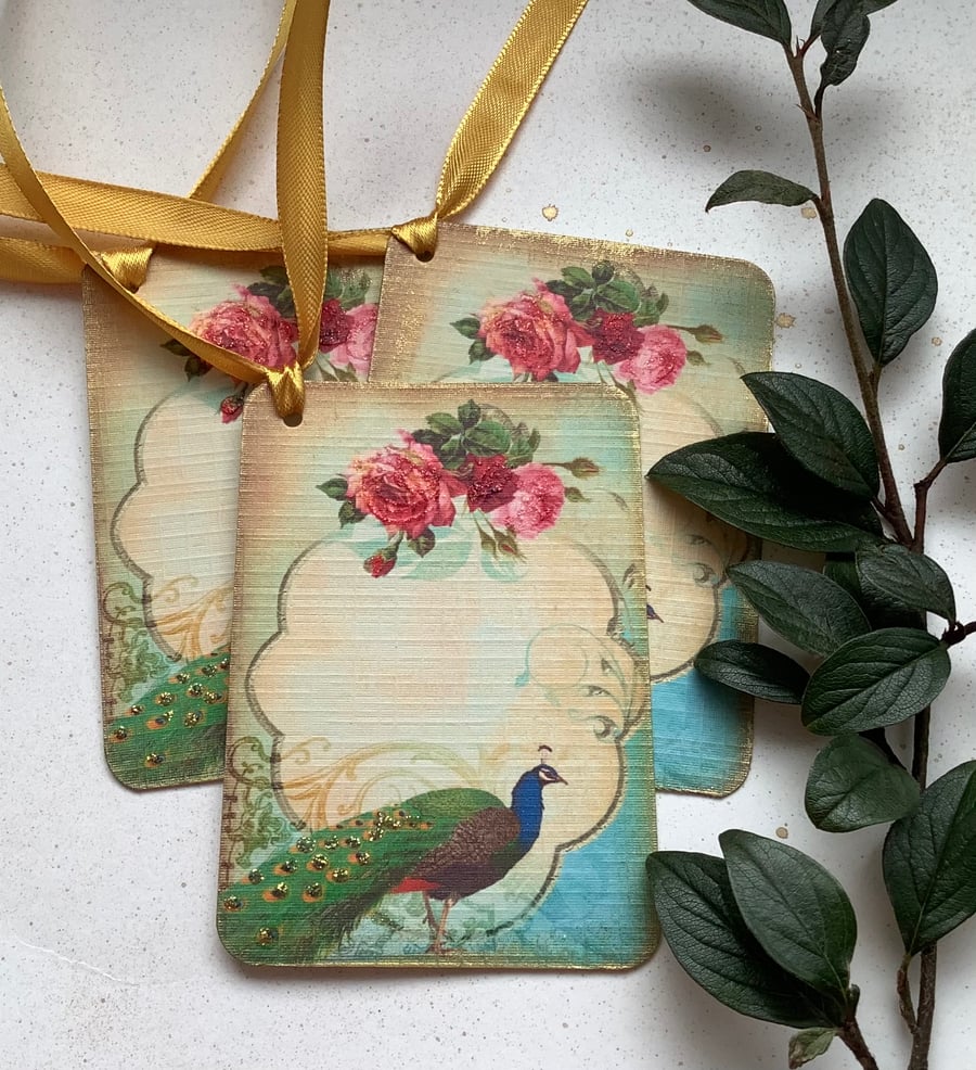 GIFT TAGS, vintage -style. ' The Peacock '  ( set of 3) Rose ..ready to ship...