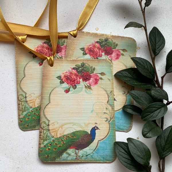 GIFT TAGS, vintage -style. ' The Peacock '  ( set of 3) Rose ..ready to ship...