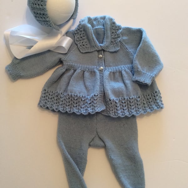 Babys hand knitted vintage pram suit