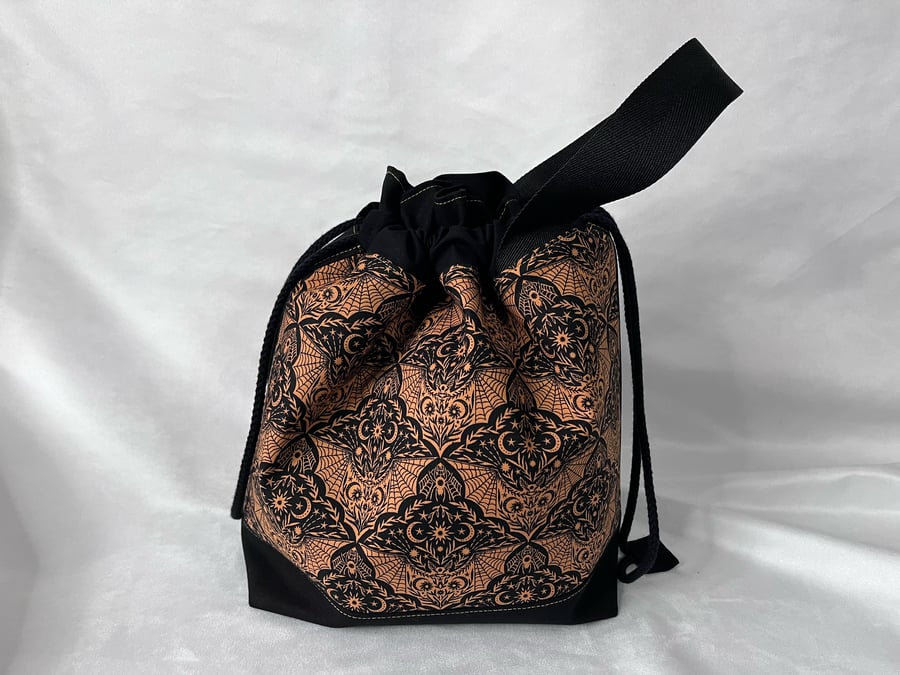 Large Cotton Canvas Drawstring Project Bag Black & Orange Bats & Spiders