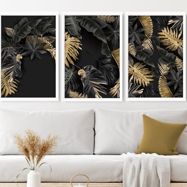 gold botanical art print, gardener gifts for women, tropical wall art set of 3, 