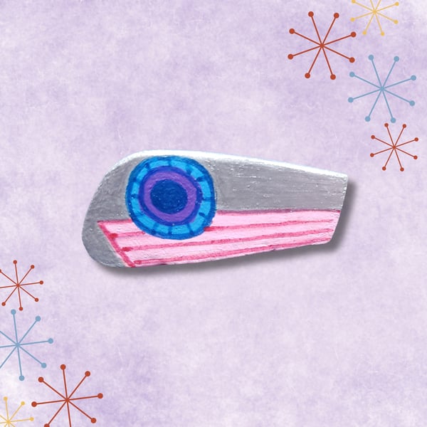 Silver, Blue and Red Hand Painted Ceramic Brooch Mid-Century Design