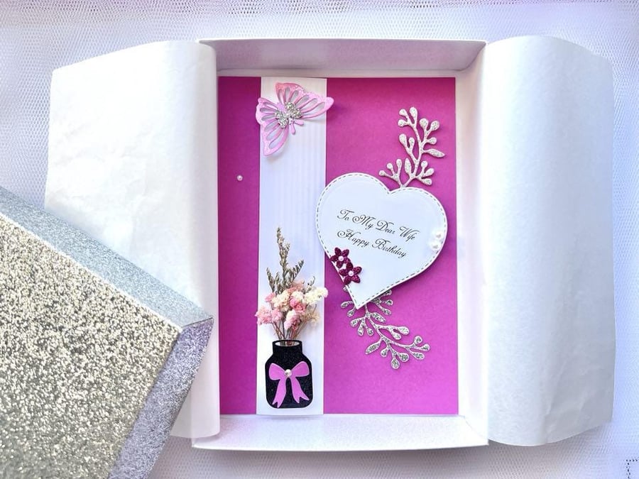Personalized Dried Flower Birthday Card: Handmade 3D Rose Pink Card C624